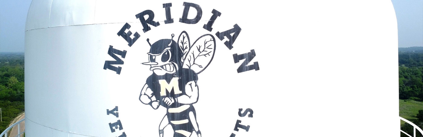 A white water tower featuring a black and white hornet logo with the word "MERIDIAN"