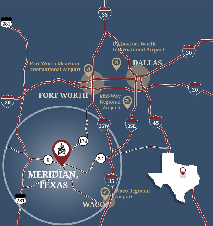 Map showing Meridian, Texas, located south of the Dallas–Fort Worth metroplex near Waco, with major highways and regional airports highlighted.